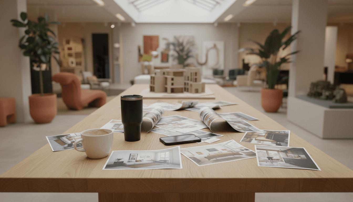 Consultation table with scattered Pinterest printouts of wildly different styles and two coffee cups